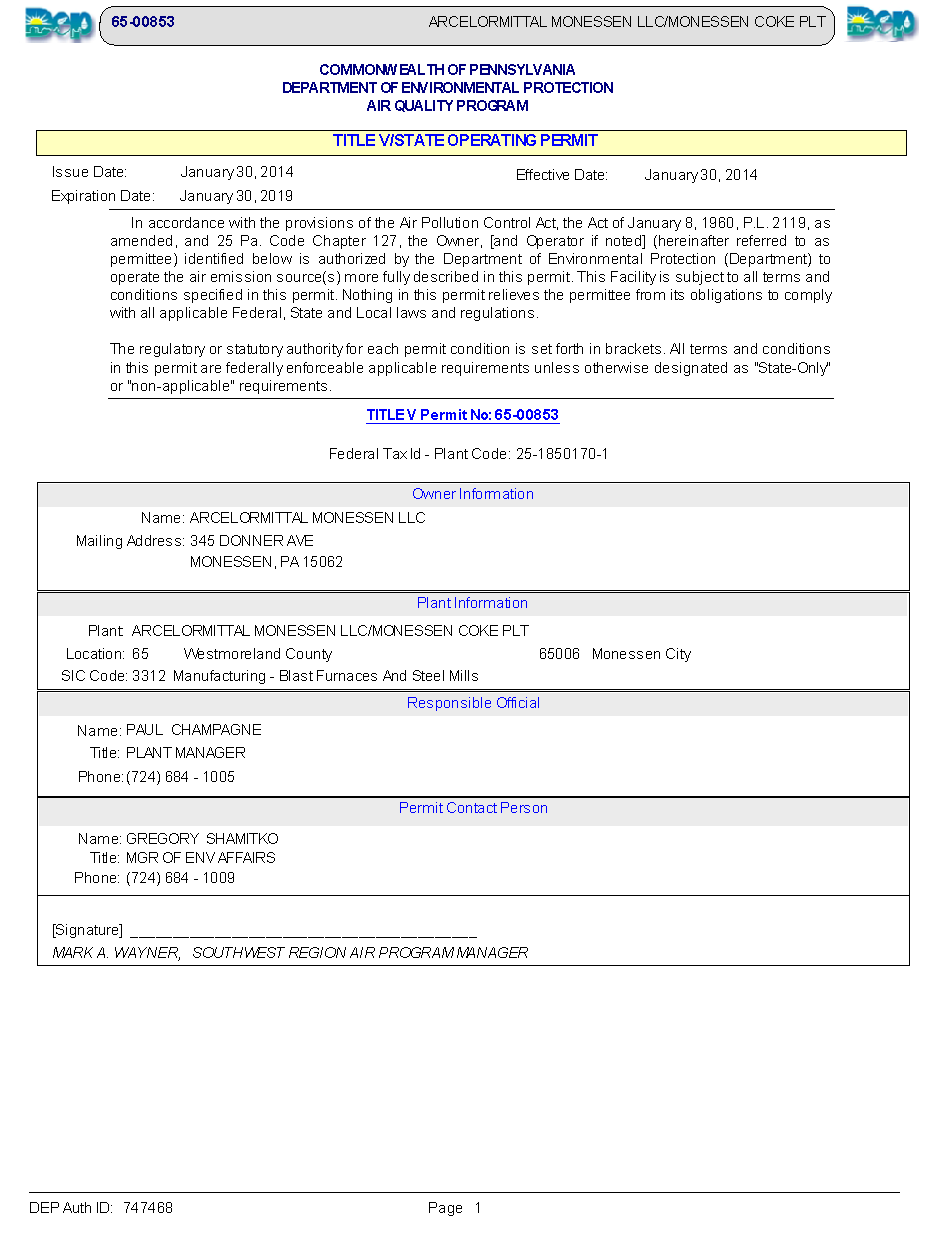 page 1 of ArcelMittal Title V Operating Permit